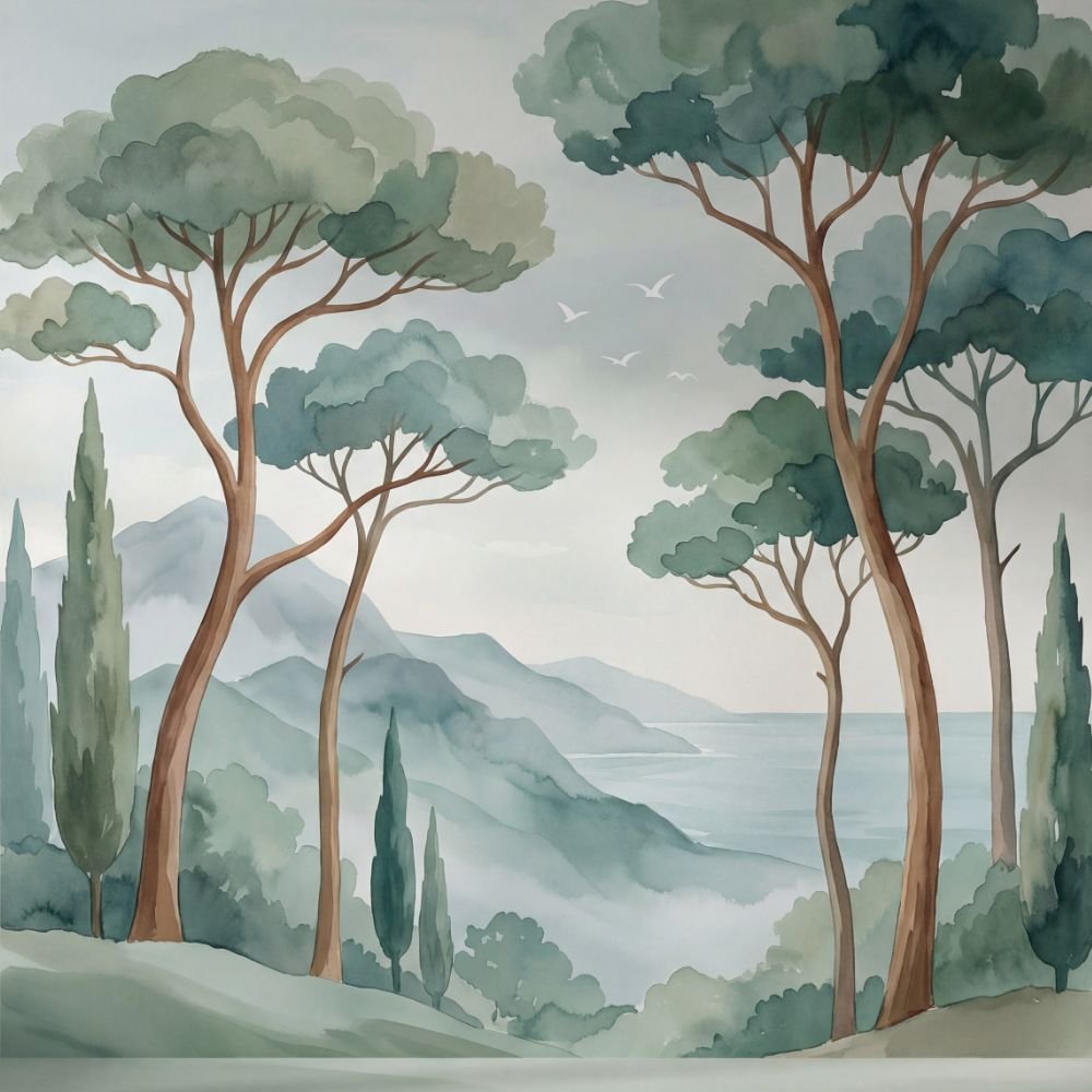 Calming Watercolor Coastal Landscape Wallpaper with Pine and Cypress Trees-shop-now-www.wallpapersgarage.com-best-online-store-for-home-décor-near-me-wg-1