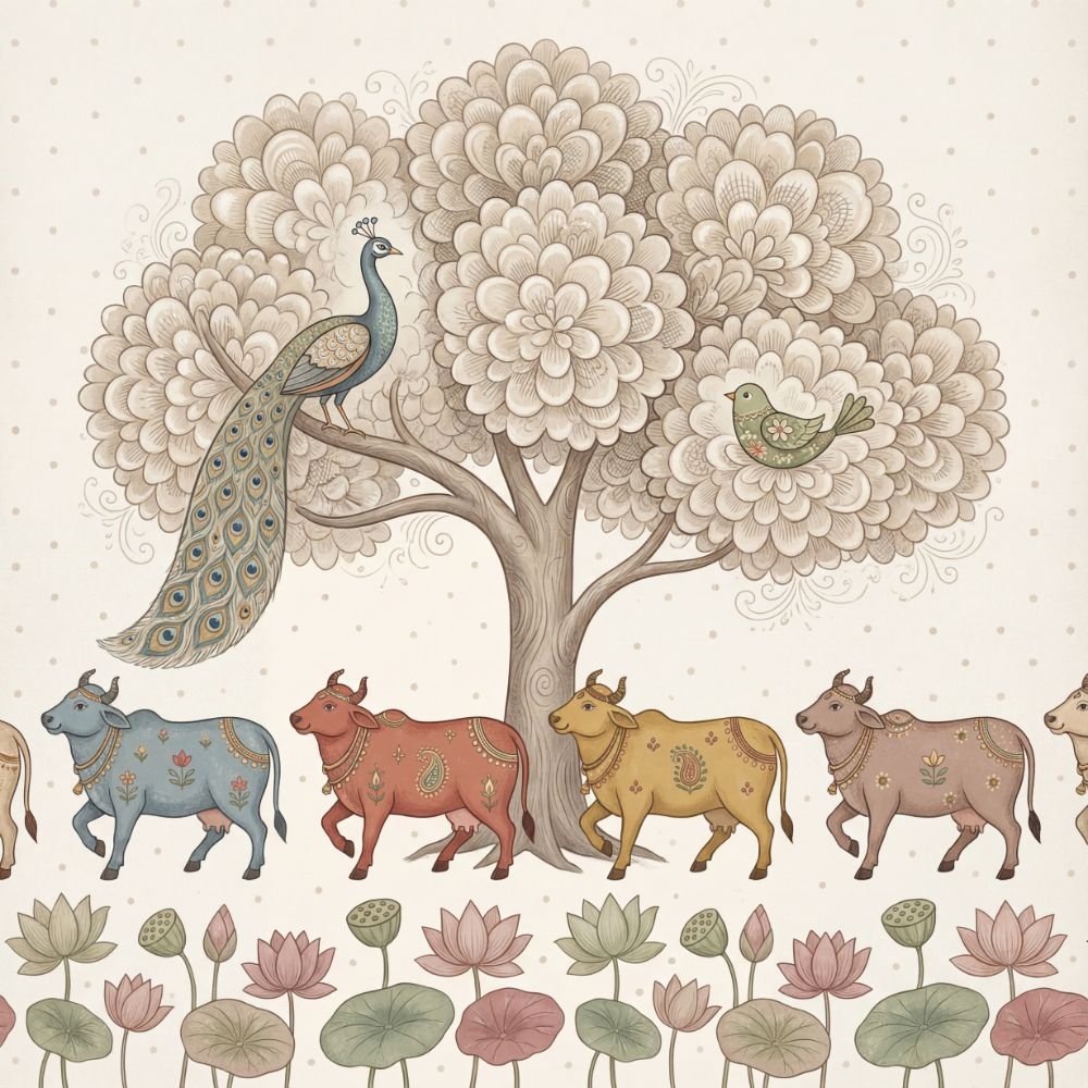 Indian Pichwai style wallpaper with colorful cows, lotus flowers, and a peacock sitting on a floral tree for home interior décor-shop-now-www.wallpapersgarage.com-best-online-store-wg-1