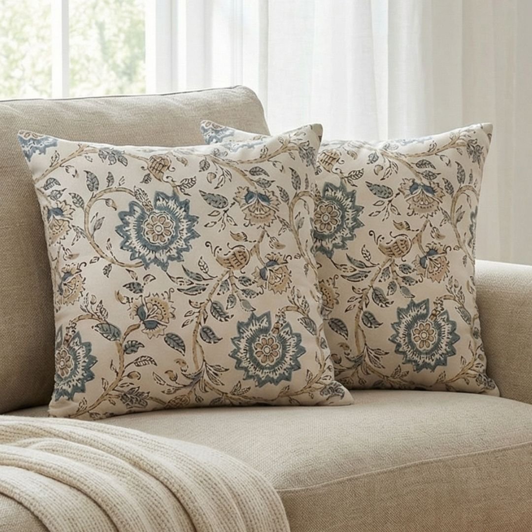 Luxury Blue Floral Cream Base cushion cover Designer Cushion Covers by RUBY the furnishing studio Ghatkopar SHOP NOW at www.wallpapersgarage.com 1