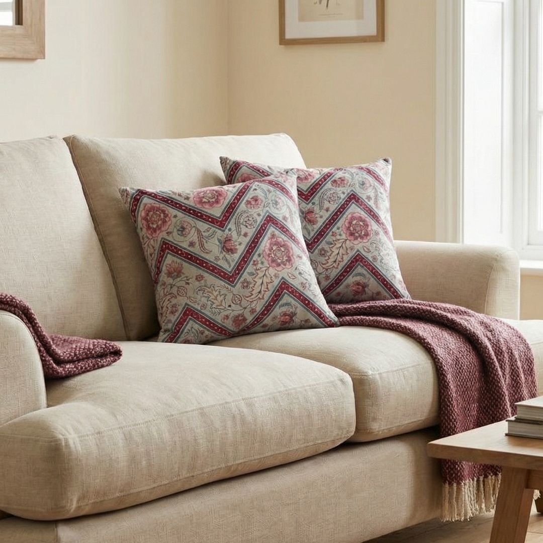 Luxury Botanical Cushion Cover in Sage & Crimson Designer Floral Pillow for Elegant Interiors 7