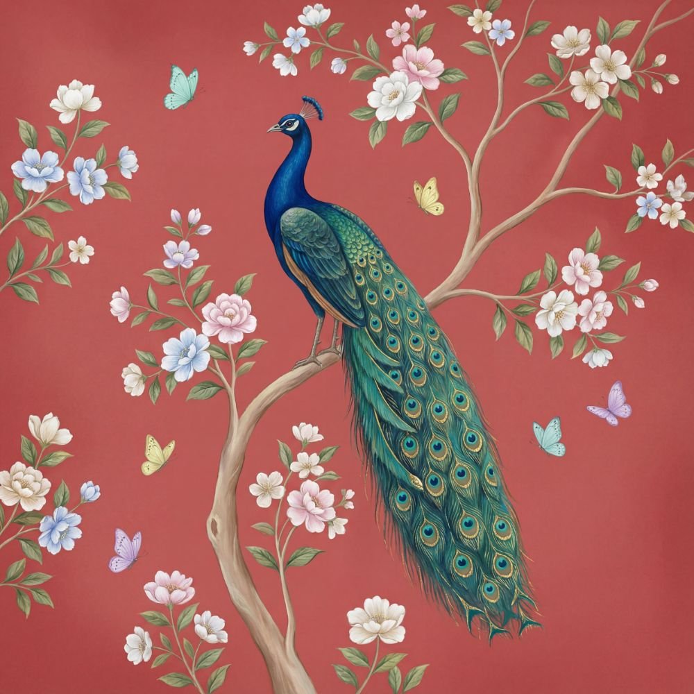 Peacock Sitting on Tree Branch – Luxury Floral Wall Mural on Red Background Premium Wallpaper Design-shop-now-www.wallpapersgarage.com-best-online-store-for-home-décor-near-me-wg-1