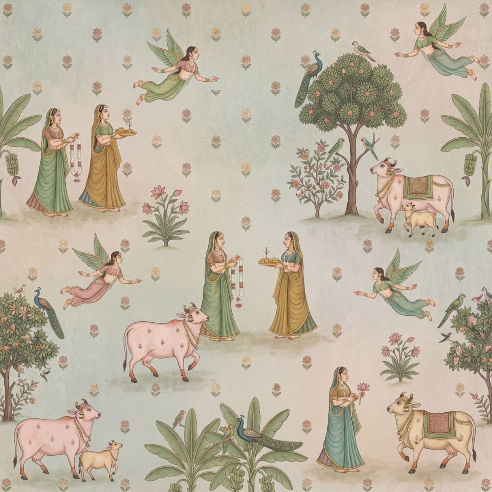 Pichwai Pastel Wallpaper – Indian Miniature Art with Cows, Apsaras, Peacocks & Floral Motifs-shop-now-www.wallpapersgarage.com-best-online-store-for-home-décor-near-me-wg-1