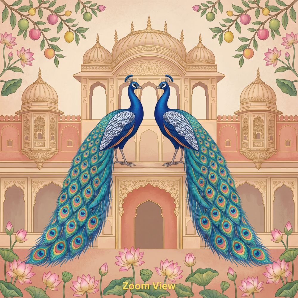 Royal Peacock Pair Mughal Palace Style Wallpaper with Lotus Motifs -shop-now-www.wallpapersgarage.com-best-online-store-for-home-décor-near-me-wg-1