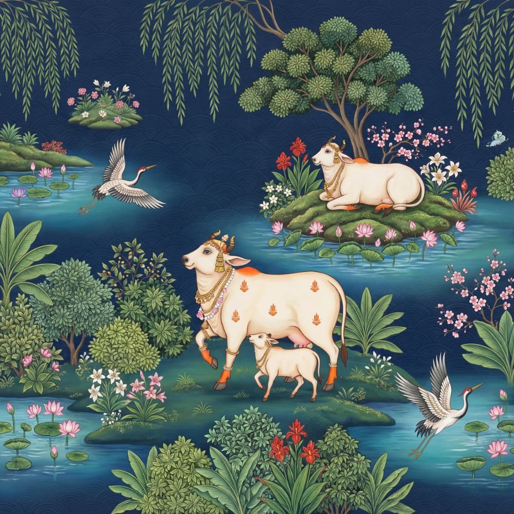 Sacred Cow & Calf Indian Miniature Style Wallpaper with Lotus Pond and Nature Motifs-shop-now-www.wallpapersgarage.com-best-online-store-for-home-décor-near-me-wg-1